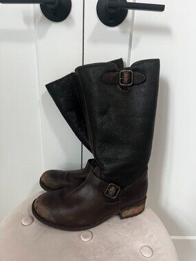 Ugg Dark Brown & Black Leather Riding Boots Size 9